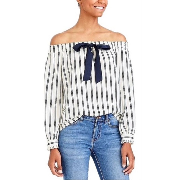 J. Crew Tops - J. Crew Mercantile Off-The-Shoulder Bow Blouse SZ M Striped Navy & Cream